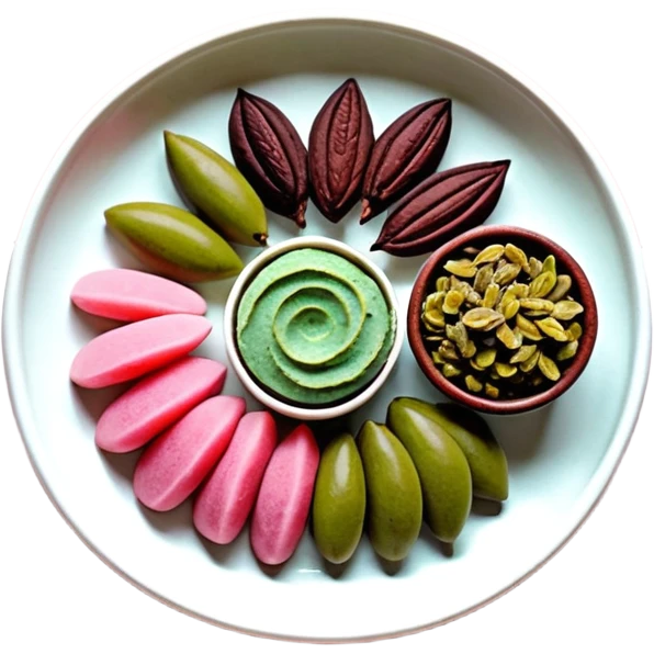 Una composición de arte en miniatura, estilo flat lay: un trozo de manteca de Karité o cacao cruda con una pequeña ramita de oliva y pétalos de rosa seca alrededor. Colores: tonos tierra, verde oliva y crema. Estilo: orgánico y de estudio fotográfico. Fondo suave. emoji