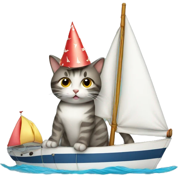 cat wearing a birthday hat on a sailboat emoji
