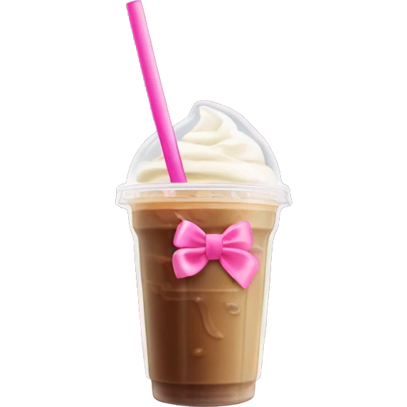 a iced coffee in a plastic up with cream blended in and a pink bow cover on the clear straw  emoji