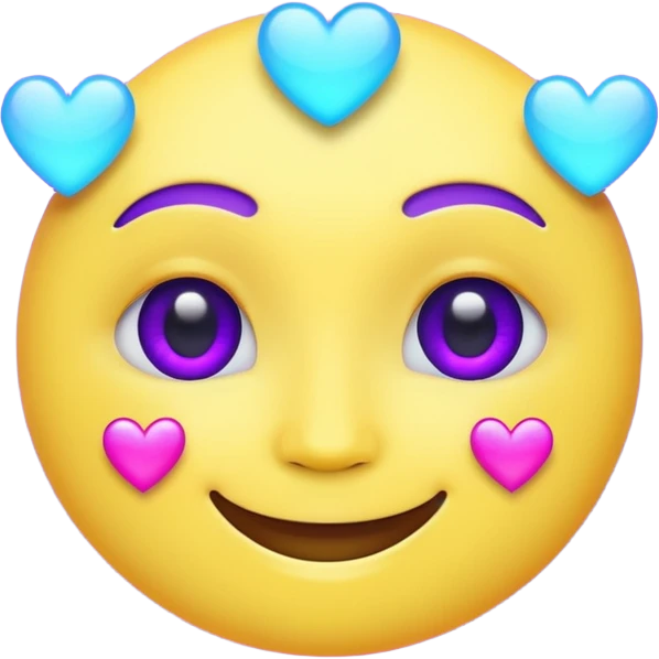 Futuristic glowing smiling face emoji with neon hearts instead of eyes, purple and blue holographic light, dark background emoji