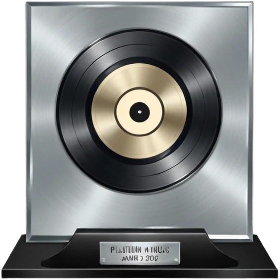 A platinum music award plaque: a square, polished platinum plate with a subtly textured, mirror-like finish, mounted on a simple dark metal base. The center features a relief of a or stylized vinyl record in a slightly darker metallic tone.  emoji