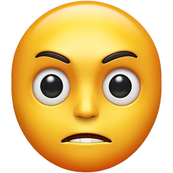 modern 3D emoji with a yellow face, surprised and skeptical. Feature glossy white eyes with black pupils, only the left eyebrow raised, and a 3D-carved straight mouth. Add a yellow-to-orange gradient, glossy metallic finish. Use soft volumetric lighting emoji