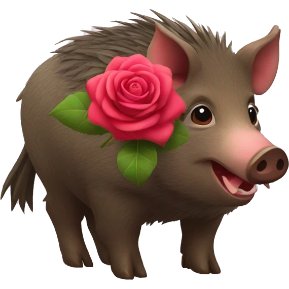wild boar with a rose in its mouth, which has hearts instead of eyes emoji