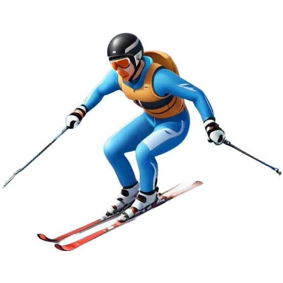 An icon featuring snowy peaks, pine trees, and a picturesque mountain landscape with a skier racing down a snow-covered slope. The sky is blue with soft clouds, capturing the thrill and beauty of alpine skiing. Transparent background highlights the excitement and serenity of winter sports. emoji
