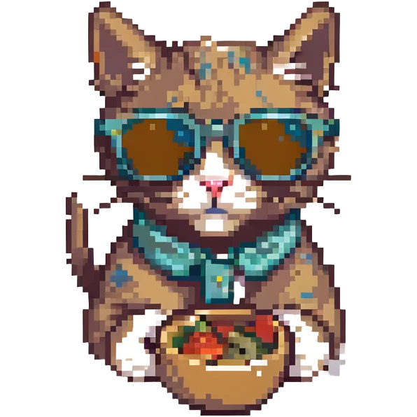 cat with sunglasses eating a mouse, pixel art style emoji