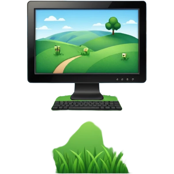 Minimalistic flat vector icon, iOS style, thin black contour on white background. Computer monitor showing a simple stickman character inside a game world. Clean, no text, no shadows emoji
