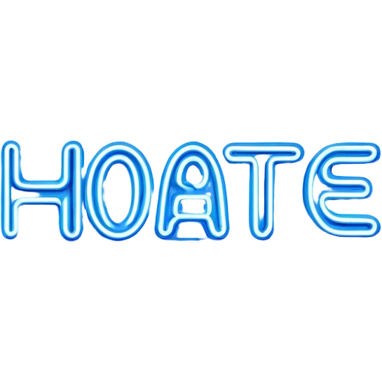 Blue neon sign with the word hate emoji
