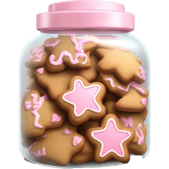 Realistic glass cookie jar with light pink lid full of gingerbread cookies isolated.  emoji