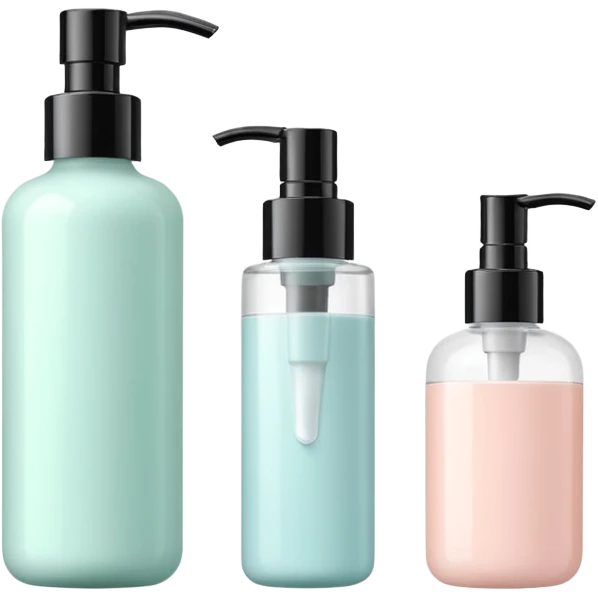 three pastel-colored skincare or cosmetic products arranged side by side. The set includes a pump bottle, a small round jar with a lid, and a squeeze tube emoji