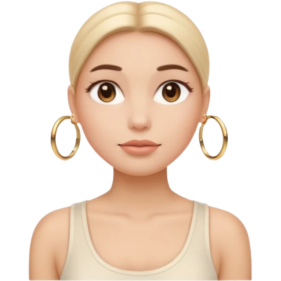 “Emoji girl, flawless skin, light peach blush, natural fluffy brows, glossy nude lips, sleek low bun, small gold hoops, minimalist white tank top.” emoji