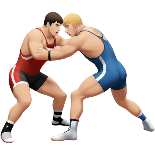 An icon representing freestyle wrestling, with two athletes engaged in a dynamic struggle on the mat. One wrestler attempts a takedown while the other counters, showcasing agility and technique. The background features a stylized wrestling ring with minimal design elements, emphasizing the action.  emoji
