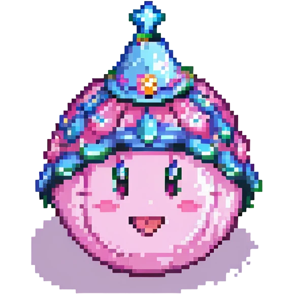 Create a Beam Kirby emoji inspired by the reference image. The emoji should depict a cute, round, pink character wearing a jester hat with a sparkly beam effect. Use pixel art style with a transparent background. emoji
