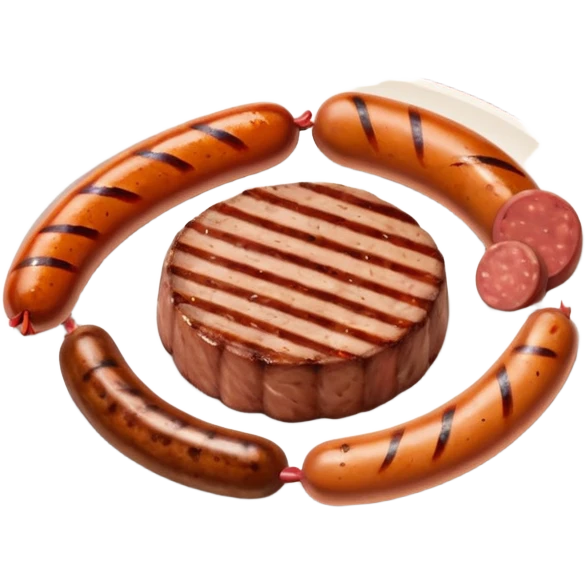 Meat dishes avatar in clean emoji-style illustration. Steak, roasted meat, and sausages, rich brown and red tones, simple shapes, flat design, hearty and appetizing. emoji