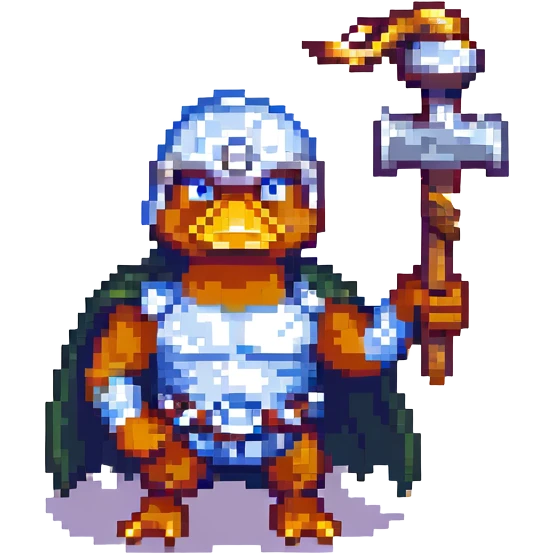 pixel art duck with Thor's hammer, lightning rod attached to the hammer, dramatic pose emoji