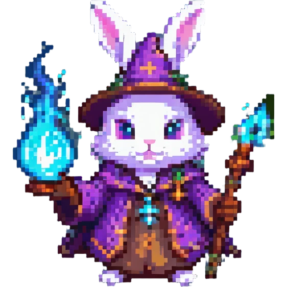 adolescent wizard bunny casting a spell with glowing effects, pixel art style emoji