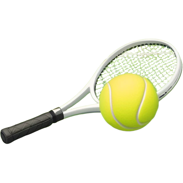 A tennis racket with a bright yellow tennis ball resting on it, set against the backdrop of a well-maintained tennis court. The scene emphasizes the smooth lines of the court and the focus on the ball and racket, symbolizing the elegance and precision of the sport emoji