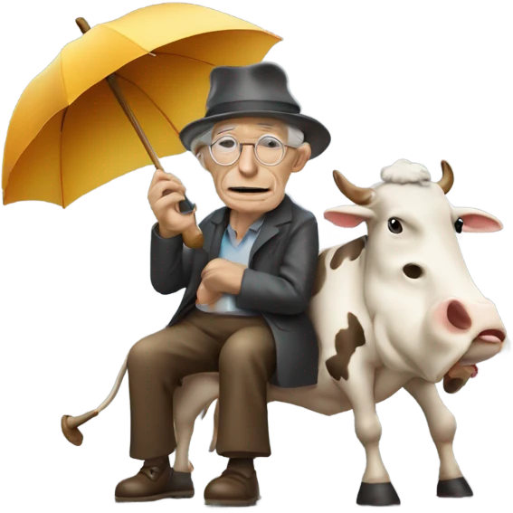 an old person wearing a hat riding a cow with umbrella and smoking a pipe emoji