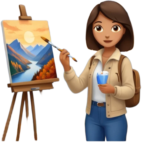 Brunette Artist painting a beautiful autumn mountain peak destination on canvas emoji