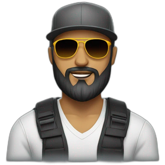 no hair man with long beard and wearing backwards snapback and viper sunglasses emoji