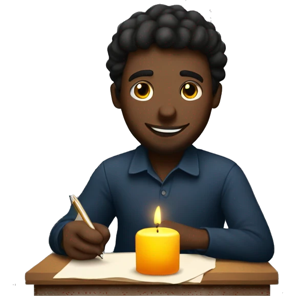 a man writing a letter and being happy. with a candle in the darkness emoji