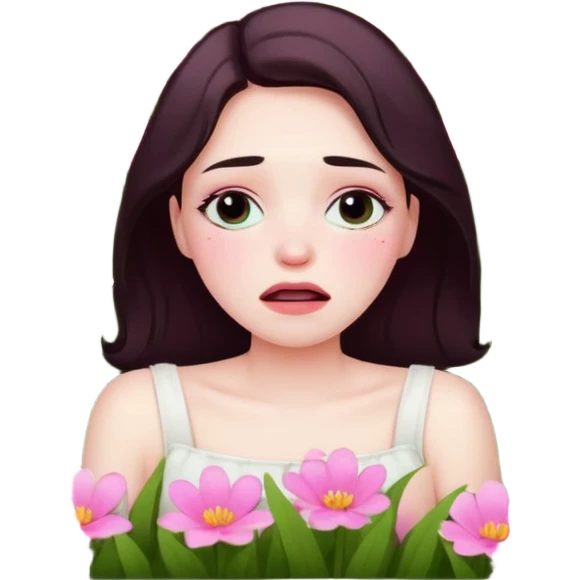 Woman lying down having a breakdown in a field of pink flowers emoji