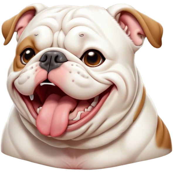Cinematic Cute Yawning White English Bulldog Portrait Emoji, Head tilted slightly with a dramatic, wide-open yawn, showcasing a smooth, pristine white coat, floppy ears slightly drooping, round brown eyes barely open in drowsy contentment, Simplified yet irresistibly adorable features, highly detailed, glowing with a soft, cozy glow, high shine, relaxed yet expressive, stylized with a touch of whimsy, bright and endearing, soft glowing outline, capturing the essence of a sleepy yet affectionate guardian, so drowsy it feels like it could stretch out of the screen and curl up for a nap! emoji
