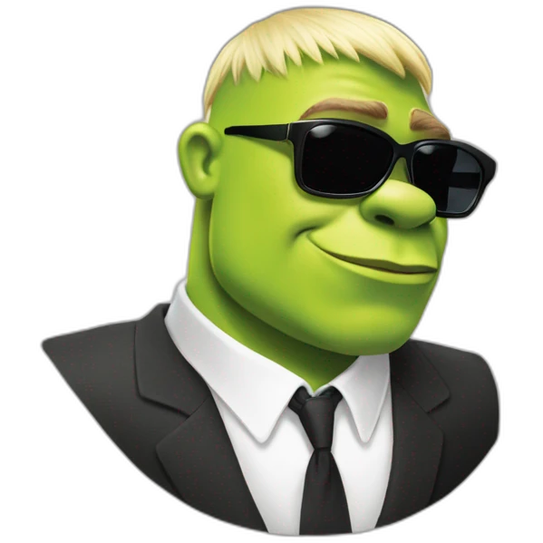 shrek kissing with white-guy-wearing-suit-with-short blonde-hair-and-black-sunglasses emoji
