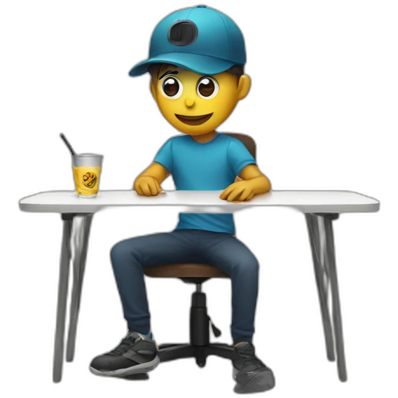 Boy wearing mask and cap sitting on chair with table with mic on table emoji