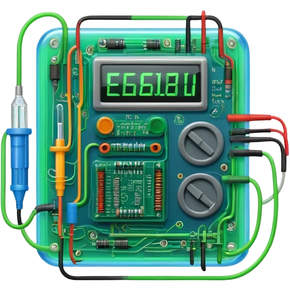 An icon featuring circuit boards, glowing wires, and a multimeter, symbolizing electrical engineering. The design includes voltage symbols and electric currents flowing through components, representing the study and application of electricity. Transparent background emoji