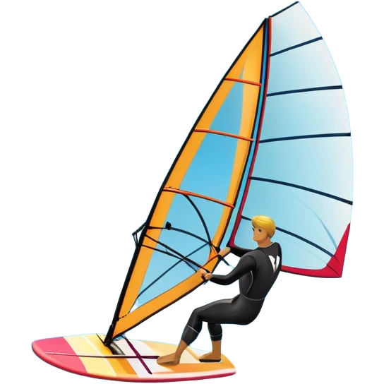 A windsurfer gliding across the ocean, with a vibrant sail catching the wind. The scene captures the motion of the board riding the ocean waves, surrounded by the bright blue sky and ocean, symbolizing the excitement and skill required in the sport of windsurfing. emoji