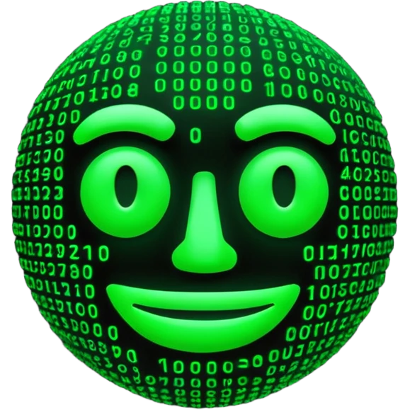 Futuristic 3D emoji made of glowing green Matrix code, digital rain background, cyberpunk neon glow, dark black backdrop, minimalist rounded face, high contrast, cinematic lighting, ultra-sharp, high resolution. emoji