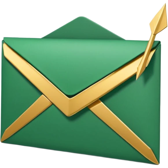 3D minimal envelope icon slightly open with subtle upward arrow coming out, matte finish, deep green (#0B3D2C), gold (#C9B037) arrow accent, Apple style, ultra sleek and clean, soft shadow, transparent background emoji