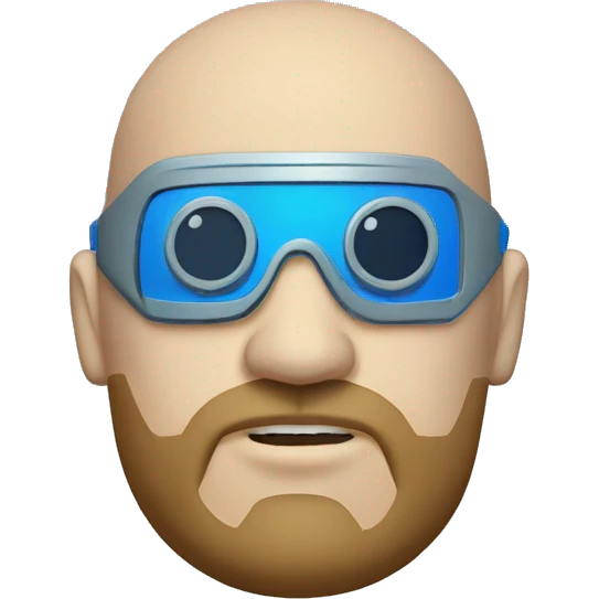 Bearded Fat bald cyborg head with tan skin, blue goggles and circuits emoji