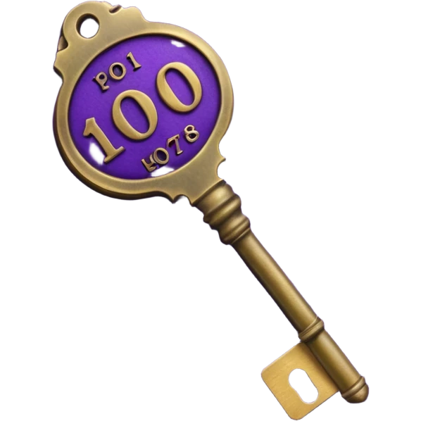 antique brass hotel key with large purple leather room number tag emoji