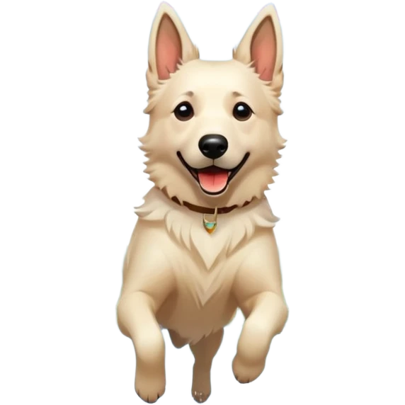 Beautiful White belgian Shepard jumping Cheerful  over Rain puddles. There is a rainbow in the sky and Autumn forest in the background emoji