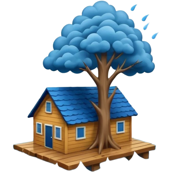 showing a flood disaster scene with powerful blue water waves carrying floating tree branches and wood pieces, small houses partially submerged, dark storm clouds above, heavy rain, realistic yet simple and clean emoji-style design emoji