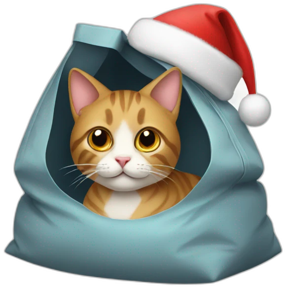 a cat in a bag with a Santa hat on his head emoji