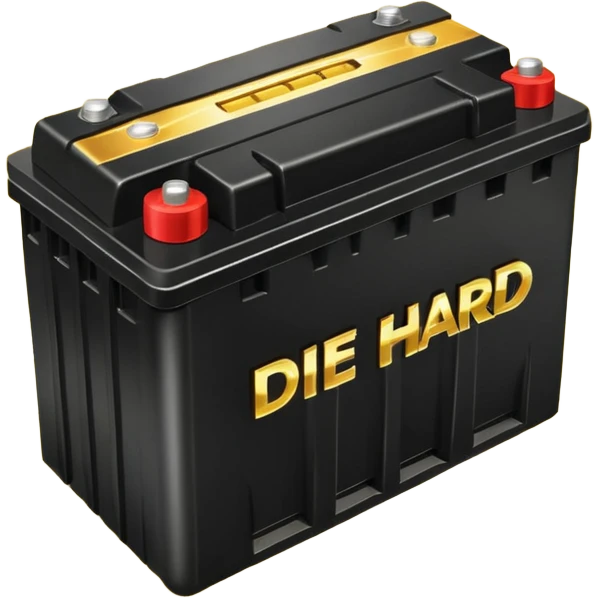 black car battery with 'Die Hard' written on it, encased in golden power rays, symbolizing its robustness emoji