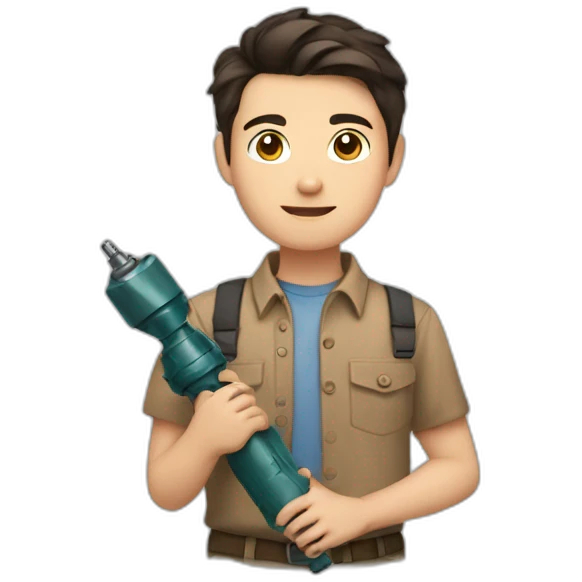 short dark hair white young boy in brown button up shirt with a tshirt under holding a drill emoji