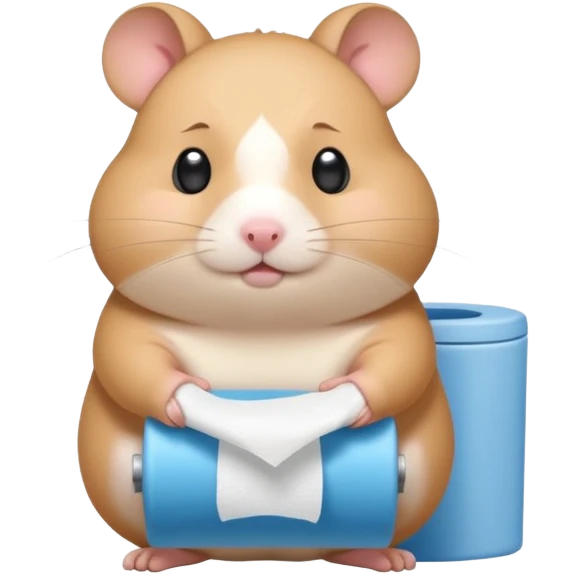 Cute chubby cartoon-style hamster sitting on toilet holding toilet paper looking as if he had an accident, sticker-style illustration emoji
