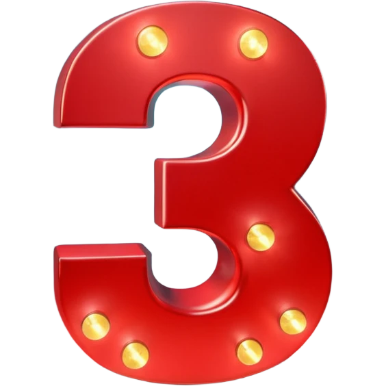 A 3D number 3 in a movie theater setting, shiny red surface; bright string lights on the number ; cinematic glow with subtle haze; glossy, premium Hollywood countdown look; centered composition. emoji