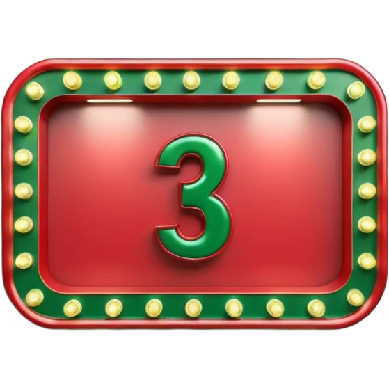A 3D number 3 in a movie theater setting, shiny red surface; bright string lights on the number, the border is green with tiny string lights like stroke ; cinematic glow with subtle haze; glossy, premium Hollywood countdown look; centered composition. emoji