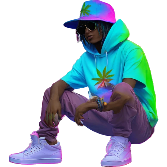 Hemp leaves Multicoloured neon person smoking wearing hoodie dancing hip hop bucket hat tropical Skater fashion aesthetic baggy clothes graphic t shirt 420 emoji