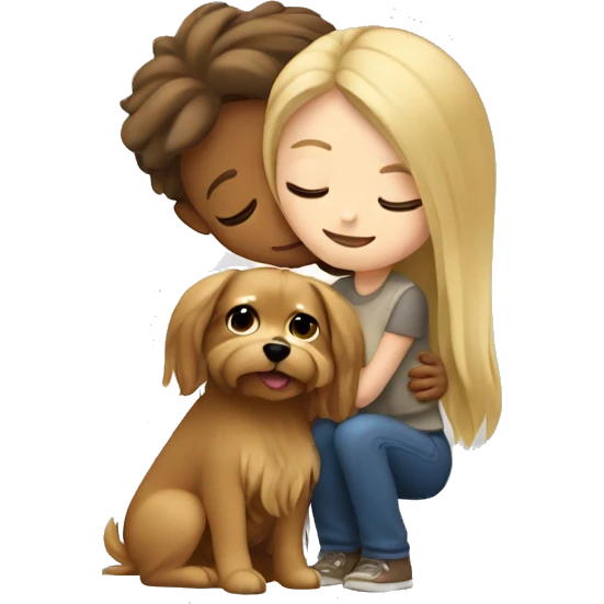 A blonde girl hugging a small Yorkshire dog with brown long hair  emoji