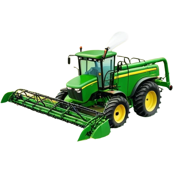 John Deere R4045 (2020) – Cinematic-realistic John Deere R4045 self-propelled sprayer, its green and yellow body gliding over rows of crops. Long booms extend across the field, misting a fine spray over the vibrant green plants, ensuring a healthy harvest under a bright blue sky. emoji