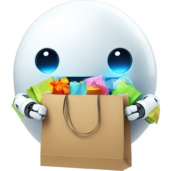 cute white floating spherical happy robot with floating shopping bags cool emoji