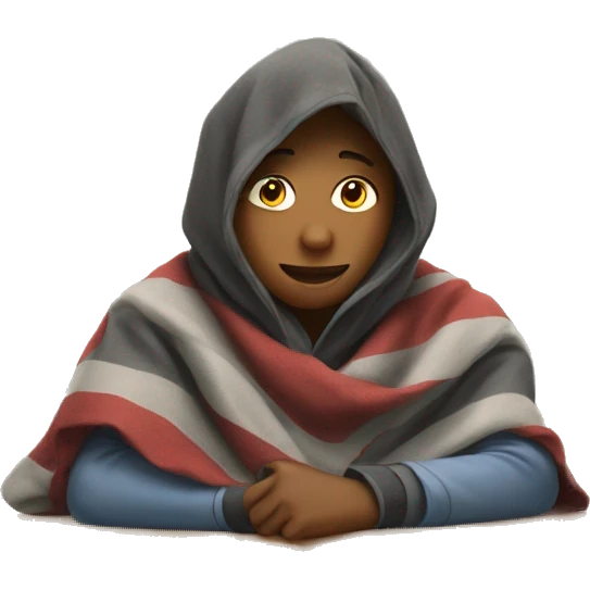 Teen wrapped in a blanket sitting at school desk emoji