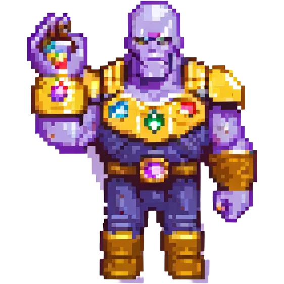 Thanos, pixel art style, simplified details, blocky shapes, Infinity Gauntlet with colored gems, retro video game look emoji