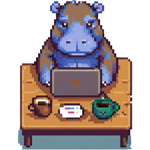 A cartoon hippo sitting at a laptop, drinking coffee, pixel art style, retro gaming vibe emoji