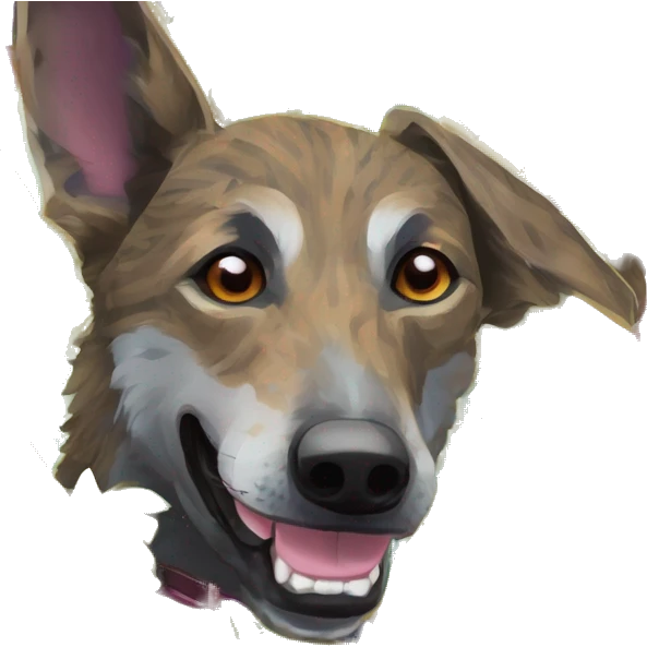  brindle brown black maroon striped lurcher Alsatian fox running blue eyes and iridescent holographic oilslick harness wearing paper iridescent tropical flower crown yellow caution tape emoji